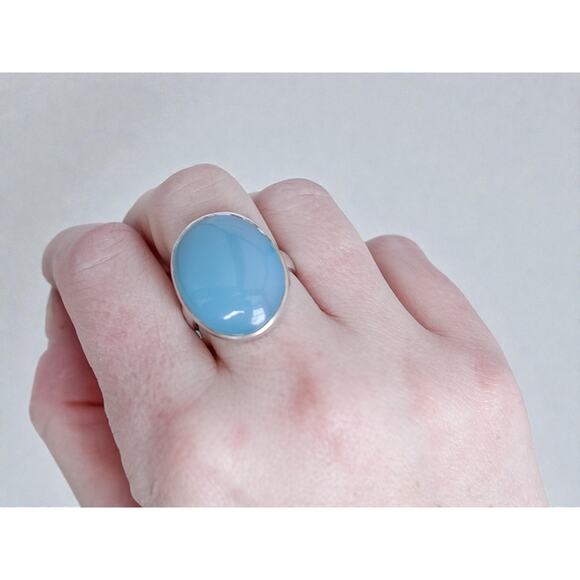 Vintage 925 Silver Blue Chalcedony Ring Large Oval Statement Gemstone - Picture 6 of 8